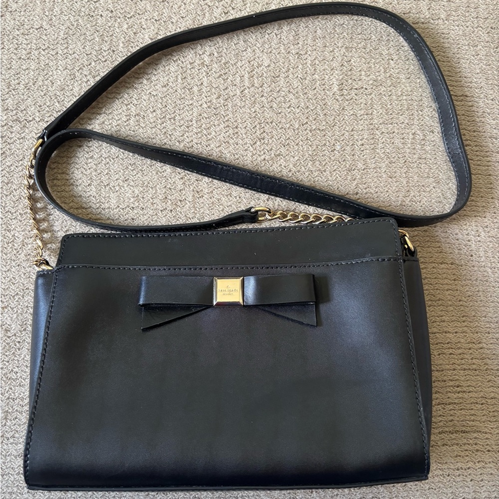 kate spade Montford Park Angelica Black Leather Bow Crossbody with Gold Chain
